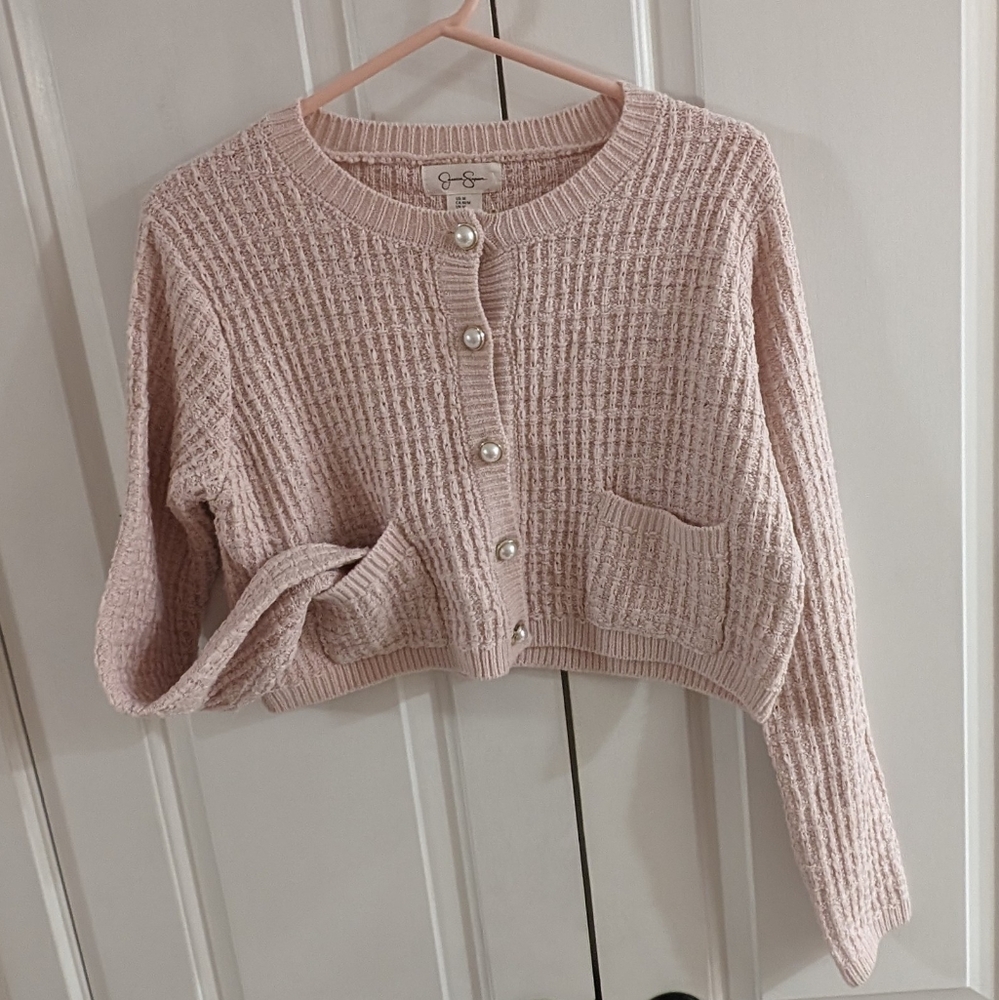 Cropped boxy light pink cardigan with pearl buttons